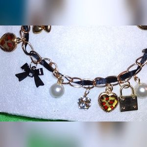Black Satin Leopard Hearts & Pearl Charm Bracelet
